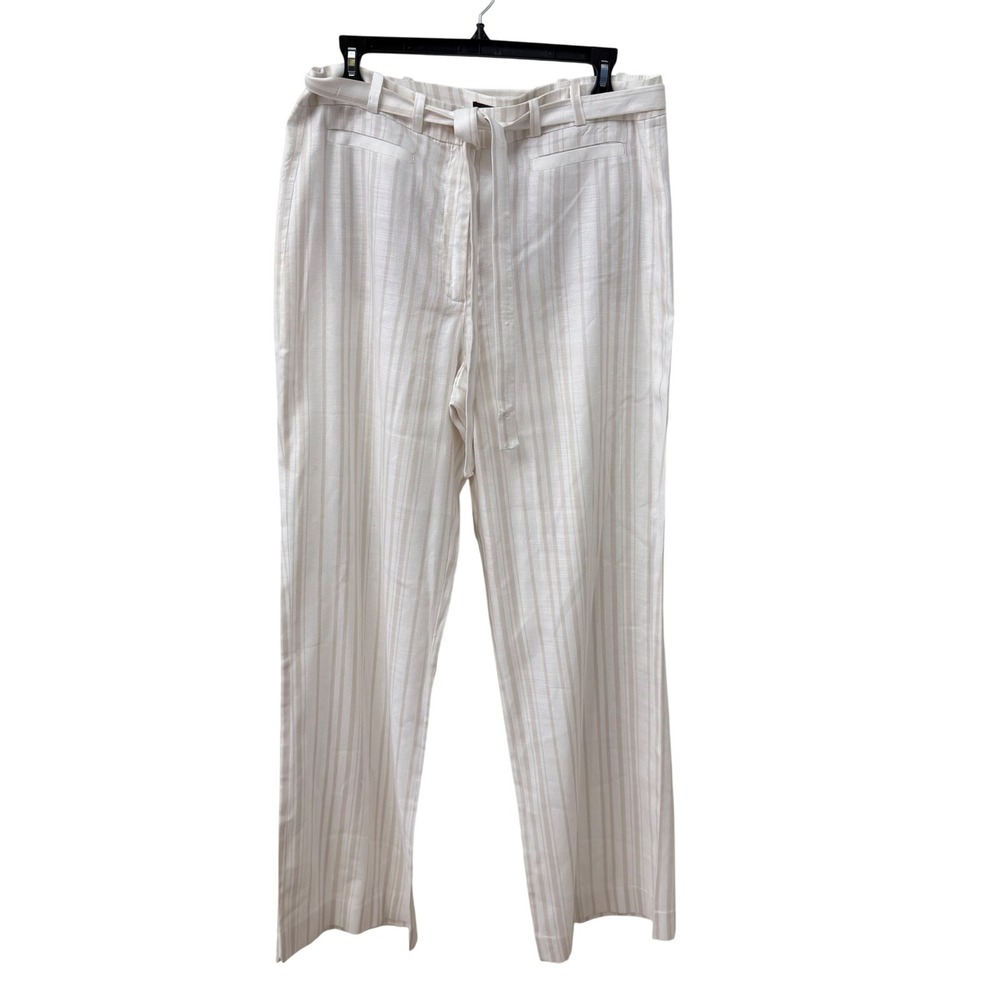 White House Black Market Wide Leg Pants 12 White Tan Striped Linen Blend Tie